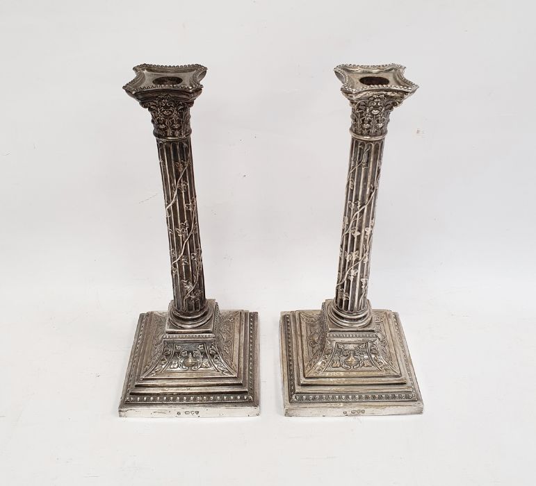 Pair Victorian silver table candlesticks, each of corinthian column form and applied with trailing - Image 2 of 27