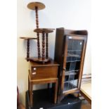 Lead glazed single door cabinet, a stand and a sewing box (3)