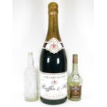 Oversized plastic champagne bottle, Ruffin & Fils (100cm tall approx.), an empty large Martell VS