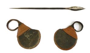 Pair of African Turkana finger knives with wire wrap to rear of blade  and a miniature metal spear.