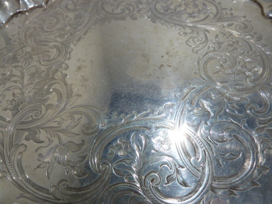 Victorian silver salver of circular form, with scalloped scrolling edge and scrolling engraved - Image 3 of 4