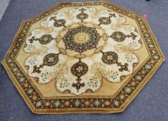 Large orange ground octangle rug with central floral motifs with floral border 250cm