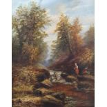 J. Mellor  Oil on board Mountain stream with waterfall, female figures on right hand side, with