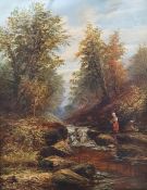 J. Mellor  Oil on board Mountain stream with waterfall, female figures on right hand side, with