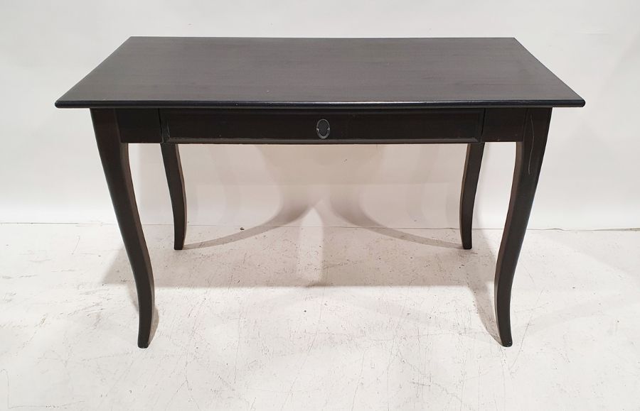 Dark stained single drawer side table on shaped supports, 74cm x 119cm x 60cm