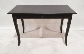 Dark stained single drawer side table on shaped supports, 74cm x 119cm x 60cm