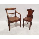 Elm-seated carver chair on turned front legs, possibly Georgian and a mahogany hall chair (2)