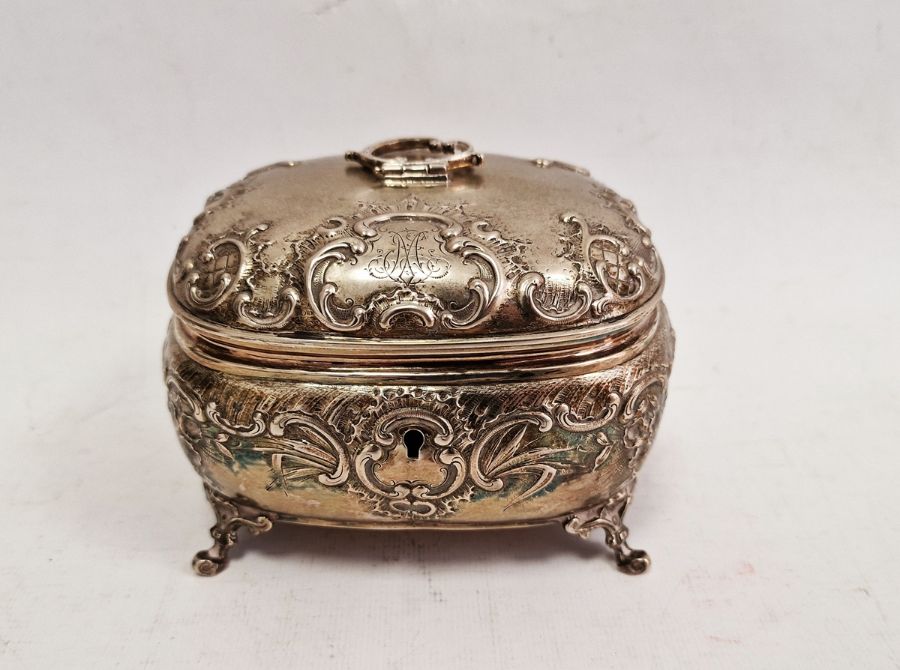 19th century continental silver-coloured bombe shaped tea caddy, indistinctly hallmarked to gilt