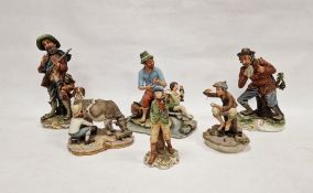 Six Capodimonte figures to include huntsman and hound, fisherman and boy milking cow, with