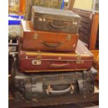 Three vintage leather suitcases and a wooden case (4)