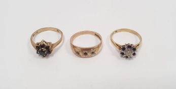 18ct gold cluster ring set with white and black stones, 2.5g, 9ct gold ring set with three small