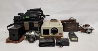 Collection of vintage and modern cameras to include a Kodak Box Brownie, a vintage Kodak No.3