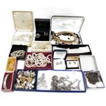 Assorted costume jewellery to include yellow metal chain, brooches, necklaces, bangles, etc (2 box)