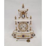 Ornately decorated white onyx mantel clock with blue and gold enamel medallions, turned brass and