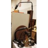 Five modern table lamps and a large copper tray