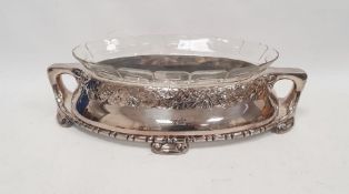 Continental glass bowl with plated twin handled base of oval form, with inscription "Pa 50