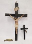 19th century crucifix with cold painted plaster figure of Christ and silver coloured plaque