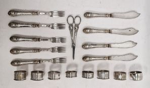 Silver and plated wares to include napkin rings and fish knives and forks (1 tray)