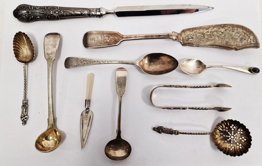 Silver wares to include teaspoons, sugar tongs, sifter spoons, silver-handled letter opener, etc (