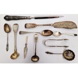 Silver wares to include teaspoons, sugar tongs, sifter spoons, silver-handled letter opener, etc (