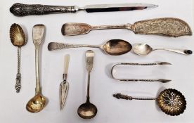 Silver wares to include teaspoons, sugar tongs, sifter spoons, silver-handled letter opener, etc (