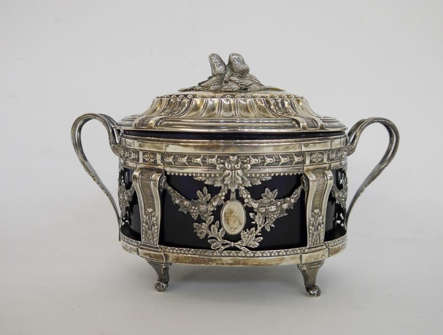 French late 19th century silver and blue glass sugar basket by Leon Lapar, oval, the lid with