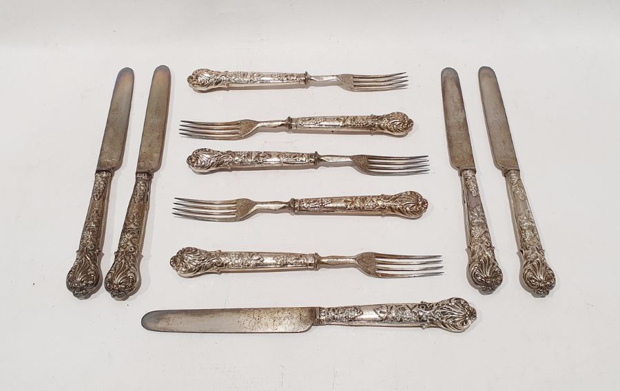 Set of five silver-handled fruit knives and forks with embossed berry on vine decoration to the