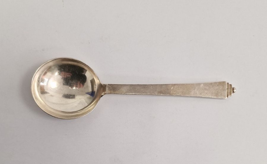 Danish silver serving spoon by Georg Jensen, stamped 'Denmark Sterling', mid-20th century, with a