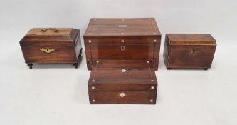 19th century yew two-section tea caddy,, a mother-of-pearl inlaid rosewood box, a 19th century