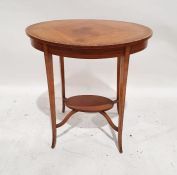 Oval two-tier occasional table with quarter veneered top, on square section supports and united oval