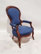 Victorian carved mahogany lady’s drawing room chair with balloon back and open arms, serpentine