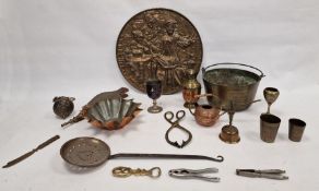 Collection of brass and copper wares to include a pair of brass barley twist candlesticks, a