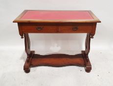 Edwardian mahogany desk with red leather inset top, above two drawers, lyre-shaped end supports,