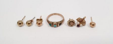 9ct gold and turquoise set ring, set two stones (one missing), a 9ct gold, amethyst and seedpearl