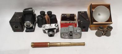 Ensign box camera, Agfa box camera, Zeiss movinette, binoculars etc (1 box)