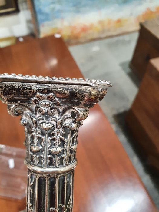 Pair Victorian silver table candlesticks, each of corinthian column form and applied with trailing - Image 16 of 27
