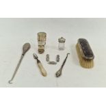 Tortoiseshell and silver-backed brush, a silver-handled button hook, etc (1 tray)