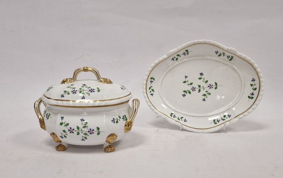 Early 19th century Bloor Derby sauce tureen, cover and stand decorated with cornflower sprays, the