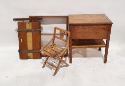 Wall-hanging rack, a child's miniature folding chair, a press, a 20th century oak workbox, a stool