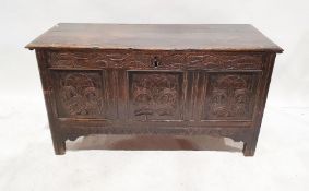 18th century oak coffer with carved panels to the front, 70cm x 133cm x 55cm