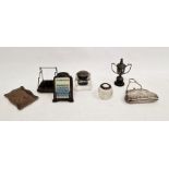 Victorian silver-plated purse, a silver-topped glass inkwell, a match striker, a tray and other