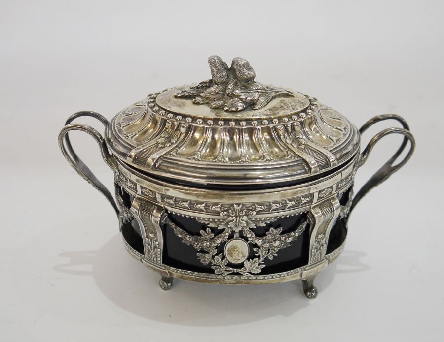 French late 19th century silver and blue glass sugar basket by Leon Lapar, oval, the lid with - Image 2 of 8