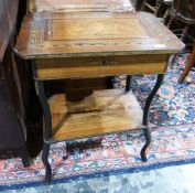 19th century mahogany and parquetry inlaid worktable, the rectangular top with canted corners and