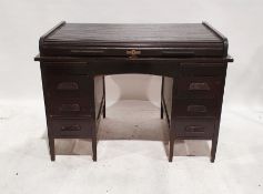 Ebonised 20th century tambour-topped desk with five assorted drawers, 88cm x 121cm x 74cm