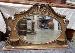 19th century gilt gesso moulded bevel edged oval plated overmantel mirror, 86cm x 130cm
