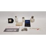Cut glass dressing table set to include a perfume bottle and two further bottles with silver-