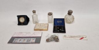 Cut glass dressing table set to include a perfume bottle and two further bottles with silver-