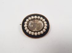 Victorian gold, cultured pearl and black enamel memorial brooch, oval with inscription verso