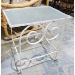 Glass and white painted metal garden coffee table, 52cm x 54cm x 39cm