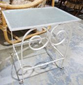 Glass and white painted metal garden coffee table, 52cm x 54cm x 39cm
